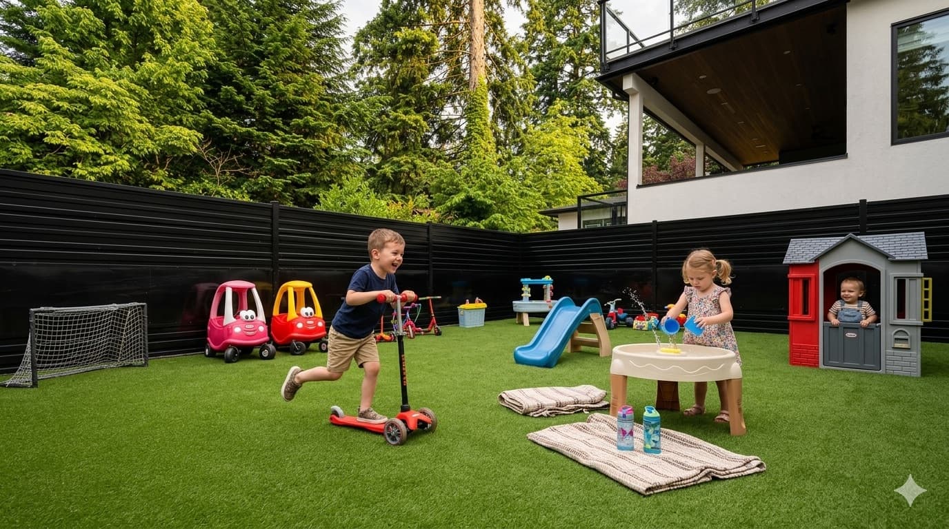 Children playing in the sunny, fully fenced backyard at Sunshine Little Learners daycare in Delta, BC — riding a scooter, playing at a sand-and-water table, and exploring a playhouse.