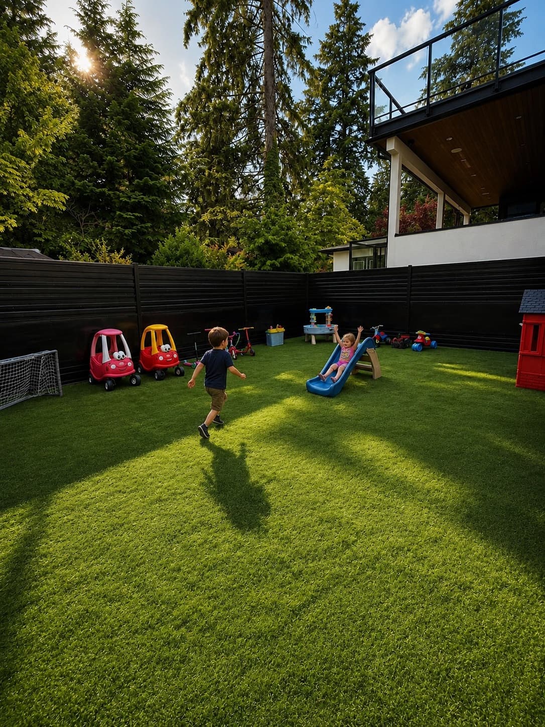 A child running across the green backyard at Sunshine Little Learners in Delta, BC, with warm sunlight streaming through tall evergreen trees.