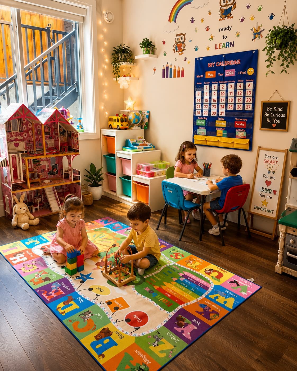 Bright, cozy indoor playroom at Sunshine Little Learners with children playing on a colourful alphabet rug, a learning calendar wall, art table, and reading nook.